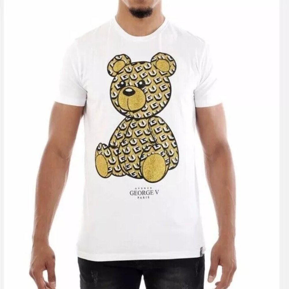 Avenue George V Paris T-Shirt Men's Short Sleeve Rhinestone Teddy Bear Small